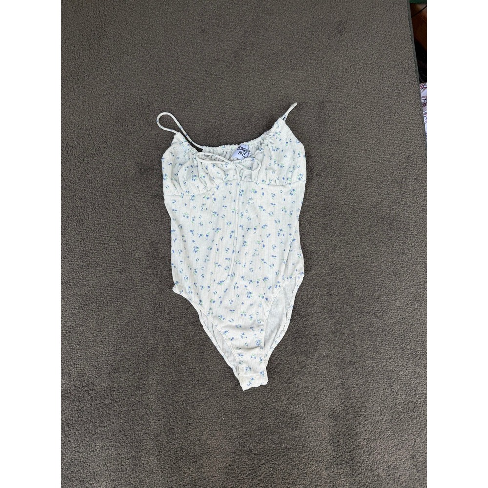 Princess Polly White Blue Floral Ribbed Milkmaid Bodysuit Size US 8 AU 12